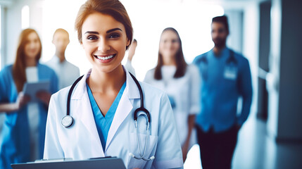 Happy smiling female doctor with a stethoscope. Doctor on the blurred background of medical personnel. Healthcare workers in the hospital. Hospital staff. AI-generated