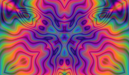 Holographic kaleidoscopic geometric hypnotic background in bright neon psychedelic acidic hues.