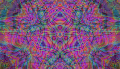 Vibrant kaleidoscopic geometric hypnotic background in neon psychedelic acidic hues.