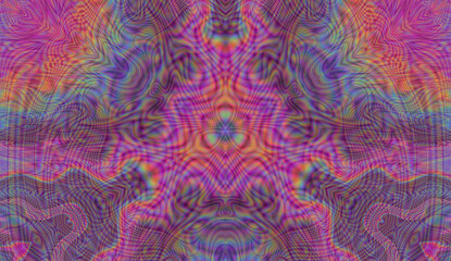 Holographic kaleidoscopic geometric hypnotic background in bright neon psychedelic acidic hues.