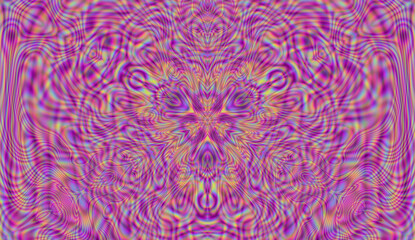 Vibrant kaleidoscopic geometric hypnotic background in neon psychedelic acidic hues.