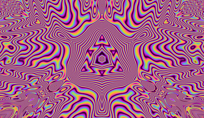 Vibrant kaleidoscopic geometric hypnotic background in neon psychedelic acidic hues.