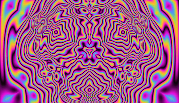 Vibrant kaleidoscopic geometric hypnotic background in neon psychedelic acidic hues.