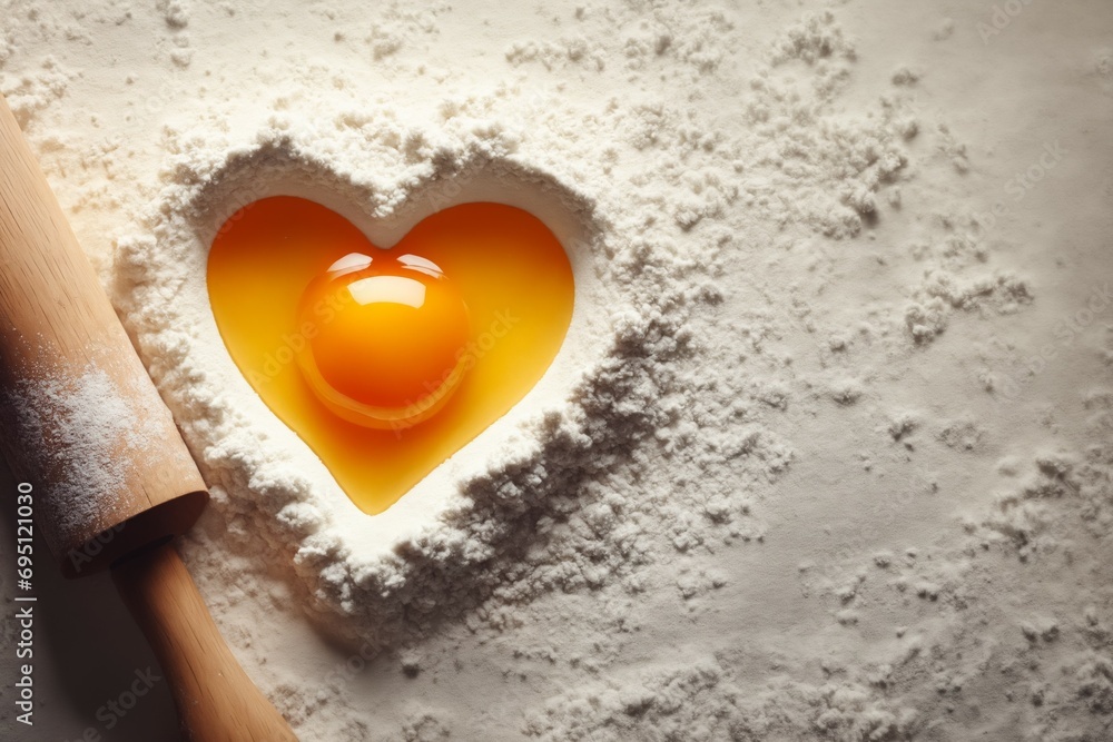 Poster raw egg and flour in heart shape with selective focus and copy space