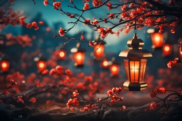 Red hanging lantern and with sakura in traditional Asian style on a blurred night street. Chinese...