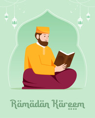 Muslim man reading the Koran in the month of Ramadan illustration