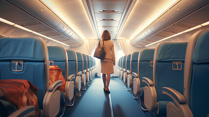 Woman with luggage walks down the airplane aisle to her seat.