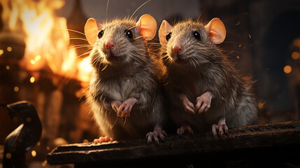 two city rats against the backdrop of a burning fire. fictional plot.  - obrazy, fototapety, plakaty