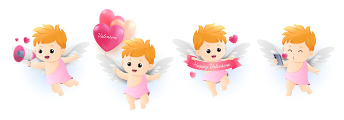 Cute cupid collection. Valentines day adorable cartoon character vector set isolated in white background.