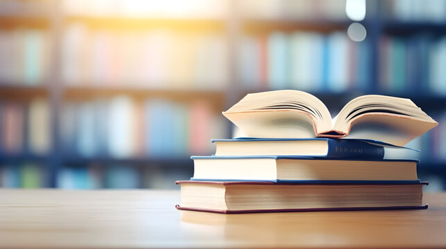 Book Stack And Opened Book On Wood Desk And Blurred Bookshelf In The Library Room. World Book Day, Education Learning And Back To School Concept.