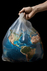 a person holding an earth in a bag, in the style of plastic, cultural mash-up, large-scale photography, science academia, orientalist influences, clean lines, american regionalism - obrazy, fototapety, plakaty