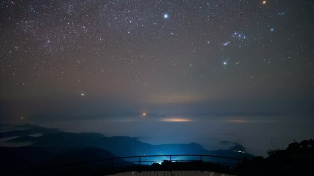 Time-lapse the stars on the night of the Geminids constellation there is a meteor shower with a fireball over the sea of clouds in northern Thailand.