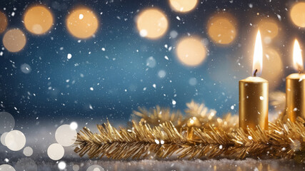 Christmas background. Burning golden candles and tinsel.