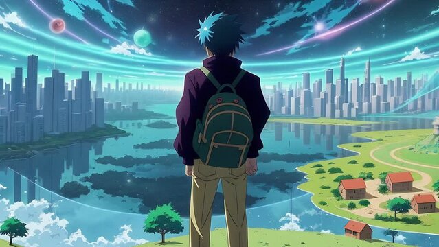 Boy on background of futuristic cosmic animation. A man looks at a changing city. Anime style.