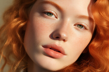 close-up of the face of a young woman with a sensual sight and lips, natural peach fuzz color makeup, red-haired girl with clear skin