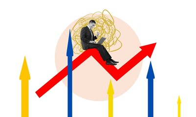 Creative collage of business man with arrows finance graph