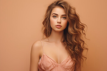 portrait of  attractive and sensual young woman with beautiful styling and wavy dark hair in peach fuzz dress isolated on a pastel background