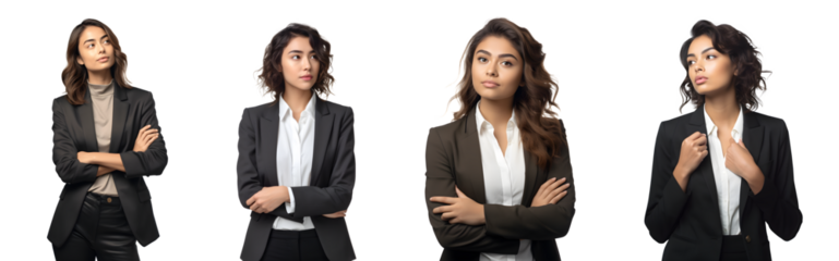 Set of Portrait of young businesswoman positive thinking and standing posing arms crossed, isolated on white background, png