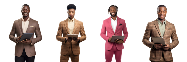 Set of Portrait Happy African American businessman ceo wearing suit standing using digital tablet computer, isolated on white background, png