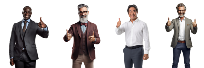 Set of Portrait of a middle aged Businessman giving double thumb up, isolated on white background, png