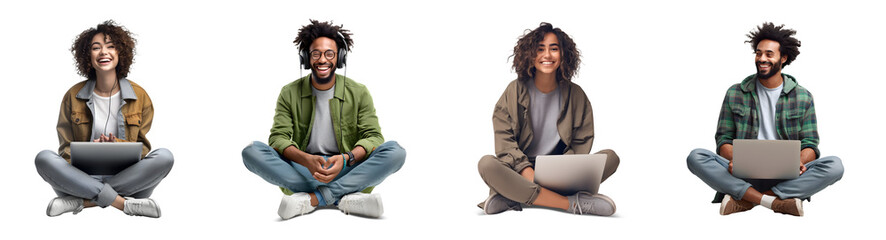 Set of Portrait of young man and woman happy smiling siting on the floor, And using laptop, smart phone, tablet computer, Full body isolated on white background, png