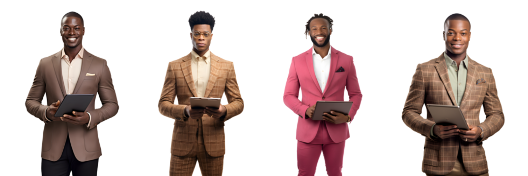 Set of Portrait Happy African American businessman ceo wearing suit standing using digital tablet computer, isolated on white background, png