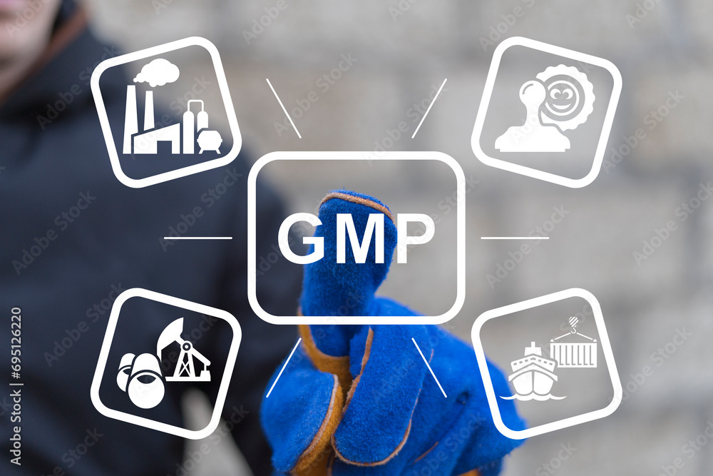 Poster worker or engineer using virtual touch screen presses abbreviation: gmp. industry concept of gmp - g