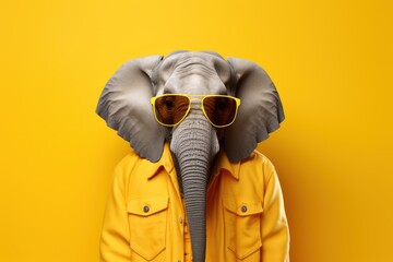 portrait of a man wearing a elephant mask and a yellow casual shirt. place for text - obrazy, fototapety, plakaty