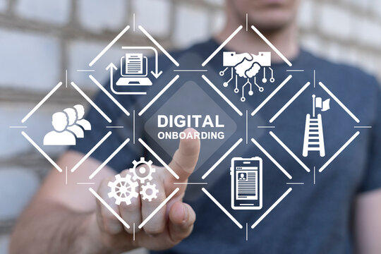 Man using virtual touch screen presses inscription: DIGITAL ONBOARDING. Digital Onboarding Talent Development concept. Welcome onboard online web service technology.