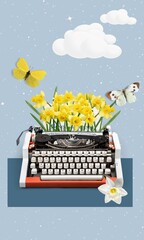 Collage of typing vintage keyboard and flower bouquet