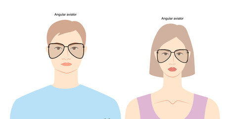 Angular Aviator frame glasses on women and men flat character fashion accessory illustration. Sunglass front view unisex style, rim spectacles eyeglasses with lens sketch outline isolated on white