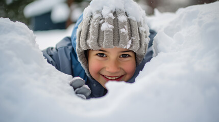 a Canadian boy in a toque and mittens, building an intricate snow fort in his backyard in Ontario after a heavy snowfall. 
