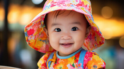 a Thai baby's vibrant outfit adds a burst of color to the frame. 