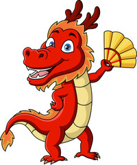 Cute red dragon cartoon holding chinese fan