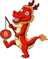 Cute red dragon cartoon holding chinese lantern
