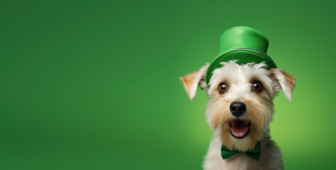 Adorable white dog celebrating Saint Patricks Day wearing bright green top hat with mouth open on green background. Place for text.