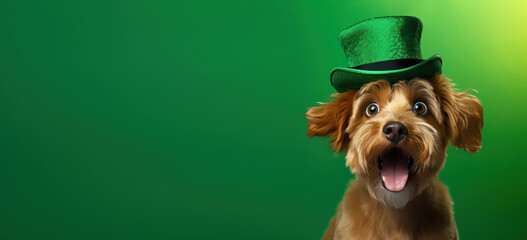 Adorable dog celebrating Saint Patricks Day wearing bright green top hat with mouth open on green background. Place for text. Banner