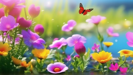 Obraz premium spring vibrant nature with flowers and insect photo realistic wallpaper