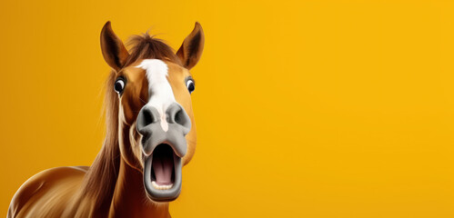 surprised horse with open mouth isolated on yellow background, copy space