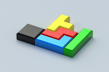 Geometric blocks for game. Toy bricks for conundrum. Logical thinking. Leisure concept. Construction cubes. Retro puzzle. 3d render