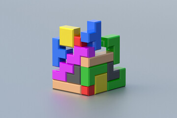 Toy bricks for conundrum. Colorful falling geometric blocks for game. Logical thinking. Leisure concept. Construction cubes. Retro puzzle. 3d render