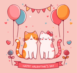 Couple of Cats in Love. Cartoon Cute Vector illustration