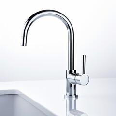 Elegant high-arc faucet with reflective finish on white countertop, clean background.