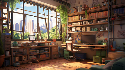 Obraz na płótnie Canvas Lofi living room with study table, anime style