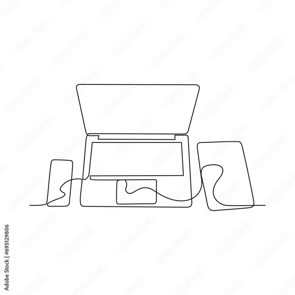 Wall mural one continuous line drawing of various kinds of devices for work purposes that are on the tables vec