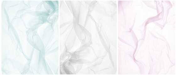 Set of 3 Creative Abstract Vector Layouts Made of Crumpled Foil. Background with Light Blue, White and Pastel Pink Creased Plastic. No Text. RGB. Print with Delicate Tissue Paper Surfuce. RGB. - obrazy, fototapety, plakaty