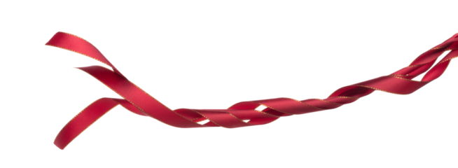 Red ribbon long straight fly in air with curve roll shiny. Red ribbon for present gift birthday party to wrap around decorate and curl curve long straight. White background isolated