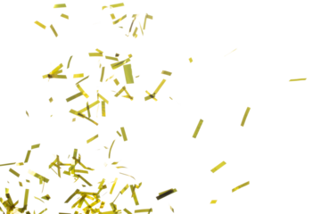 Golden Confetti Foil fall splashing in air. Gold Confetti Foil explosion flying, abstract cloud fly. Many Party glitter scatter in many group. White background isolated high speed shutter freeze
