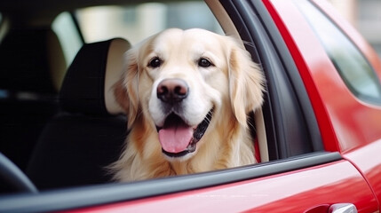 Beautiful golden retriever dog sitting in red car and looking at camera through window. generative ai