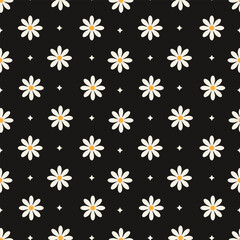 Cute chamomile or daisy flowers with stars seamless pattern. Ditsy print. Floral seamless background. Design for fashion prints, paper goods, background, wallpaper, wrapping, fabric